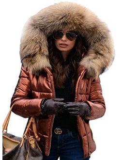 Aofur Womens Ladies Quilted Winter Coat Fur Collar Hooded Down Jacket Parka Outerwear