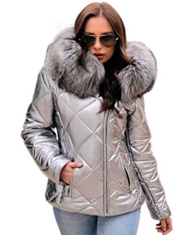 Aofur Womens Ladies Quilted Winter Coat Fur Collar Hooded Down Jacket Parka Outerwear