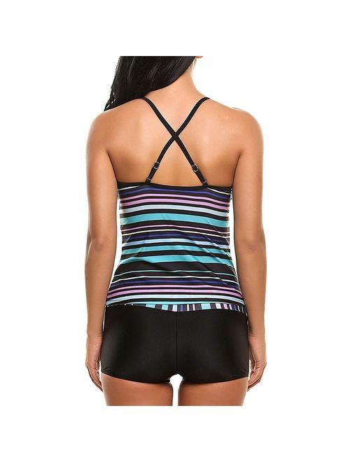 2 Pcs/Set Women Retro Swimsuit V Neck Colored Striped Print Bikini Set Push Up Bathing Suit Swimwear Tankini Boyshort