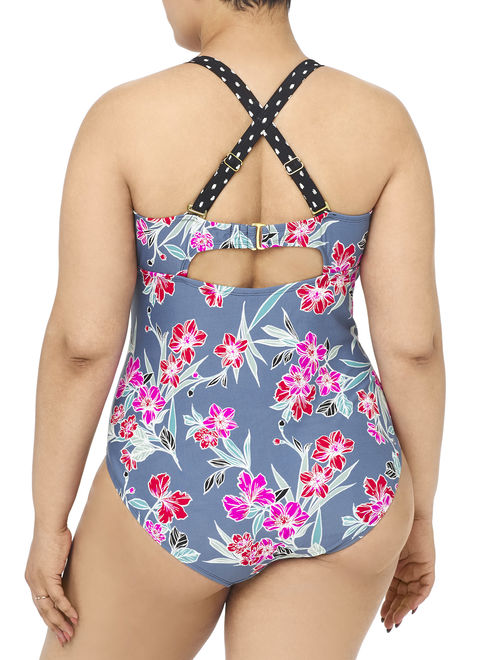 Terra & Sky Women's Plus Honeymoon Floral Dot One Piece Swimsuit