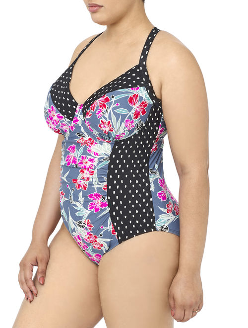 Terra & Sky Women's Plus Honeymoon Floral Dot One Piece Swimsuit