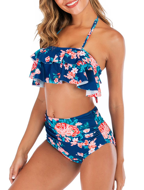 Swimsuit for Women High Waisted Swimwear Tummy Control Two Piece Tankini Ruffled Top with Swim Bottom Bathing Suits