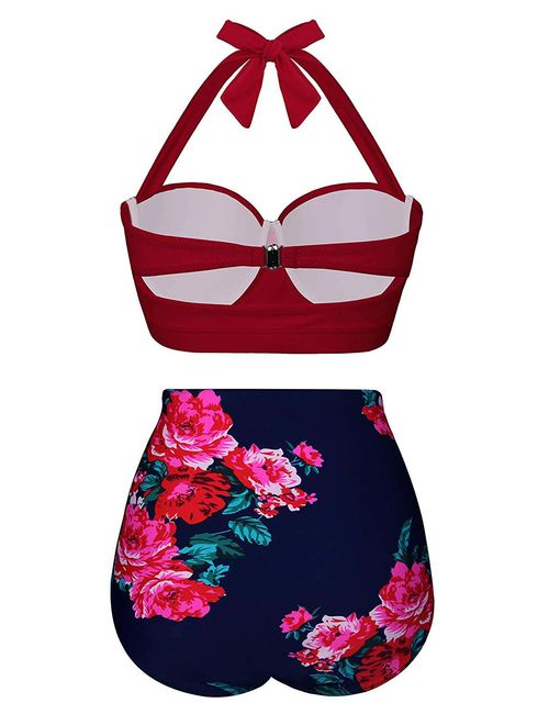 Womens Vintage Underwire High Waisted Bathing Suits Backless Bikini Red Flower Print Swimsuit Two Piece Swimsuits