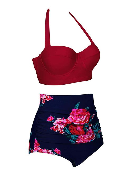 Womens Vintage Underwire High Waisted Bathing Suits Backless Bikini Red Flower Print Swimsuit Two Piece Swimsuits