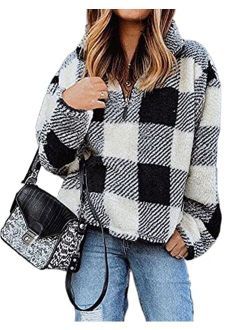 Angashion Women's Long Sleeve 1/4 Zip Up Lapel Fleece Sweatshirt Warm Plaid Fluffy Hoodies Pullover
