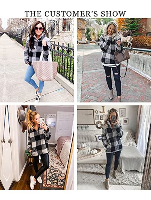 Angashion Women's Long Sleeve 1/4 Zip Up Lapel Fleece Sweatshirt Warm Plaid Fluffy Hoodies Pullover