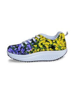 FOR U DESIGNS Vintage Floral Rose Print Fitness Walking Sneaker Casual Women's Wedges Platform Shoes