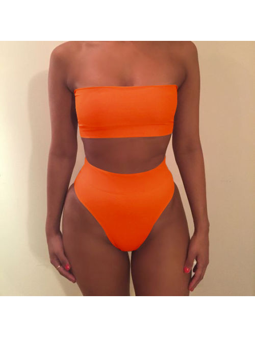 Hirigin Womens Strapless Bandeau Top Bikini Set High Waist Bottom Swimsuit Swimwear