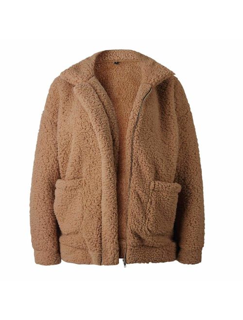 Womens Faux Shearling Jacket, Casual Lapel Fleece Fuzzy Jacket Shaggy Oversized Jacket Fashion Cardigan Coat
