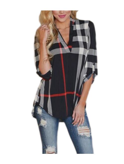 MANSY Women's Casual 2/3 Sleeve V-Neck Plaid Shirts Pullover Top