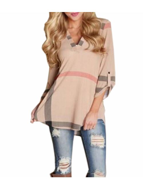 MANSY Women's Casual 2/3 Sleeve V-Neck Plaid Shirts Pullover Top