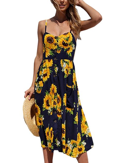 Halife Women's Summer Dresses Casual Spaghetti Strap Button Down Floral Midi Dress with Pockets