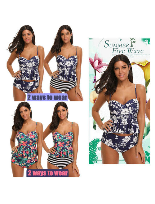 Women's Summer Sexy Beach Tankini Swimsuit High Waisted Floral Printed Bathing Suit Ladies Holiday Fashion Swimwear with Reversible Bottom Pool Swimsuit 2 Ways to Wear