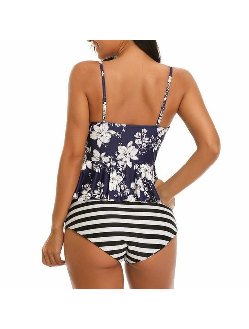 Women's Summer Sexy Beach Tankini Swimsuit High Waisted Floral Printed Bathing Suit Ladies Holiday Fashion Swimwear with Reversible Bottom Pool Swimsuit 2 Ways to Wear