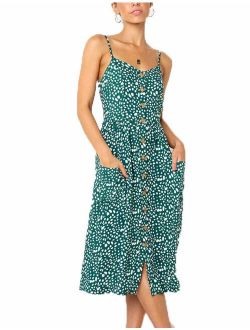 Women's Summer Floral Bohemian Spaghetti Strap Button Down Swing Midi Dress with Pockets
