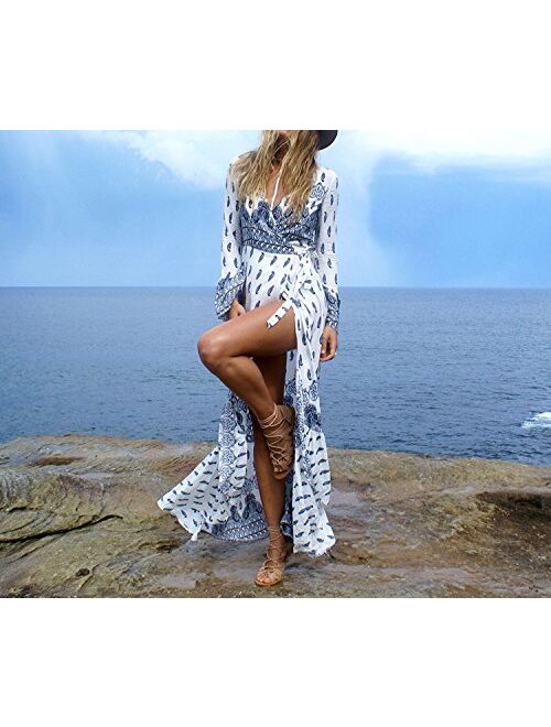 R.Vivimos Summer V Neck Long Sleeve Cardigan Front Slit Sexy Beach Maxi Dresses
