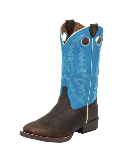 Justin Western Boots Boys Leather Buffalo Chocolate Brown Blue 377JR