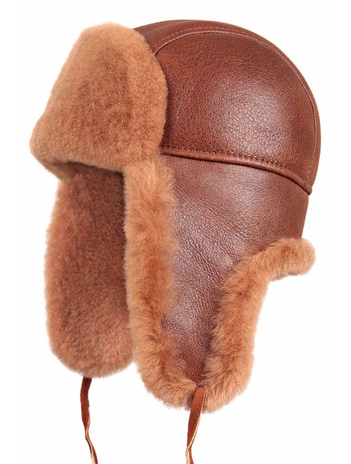 Zavelio Unisex Shearling Sheepskin Leather Aviator Russian Ushanka Trapper Winter Fur Hat 