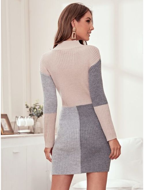 Color Block Rib-knit Bodycon Sweater Dress Without Belt
