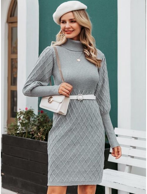 Shein Simplee Diamond Knit Gigot Sleeve Funnel Neck Sweater Dress Without Belt
