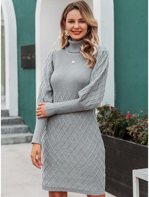 Shein Simplee Diamond Knit Gigot Sleeve Funnel Neck Sweater Dress Without Belt
