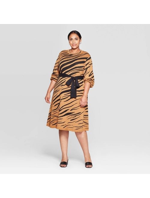 Women's Plus Size Jacquard Print 3/4 Sleeve Mock Turtleneck Intarsia Sweater Midi Dress - Who What Wear Tan