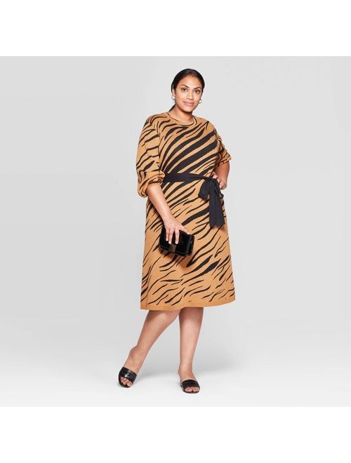 Women's Plus Size Jacquard Print 3/4 Sleeve Mock Turtleneck Intarsia Sweater Midi Dress - Who What Wear Tan