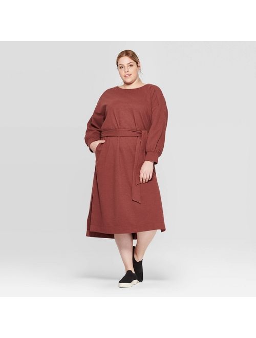 Women's Plus Size Long Sleeve Boat Neck Midi Sweater Dress - Prologue