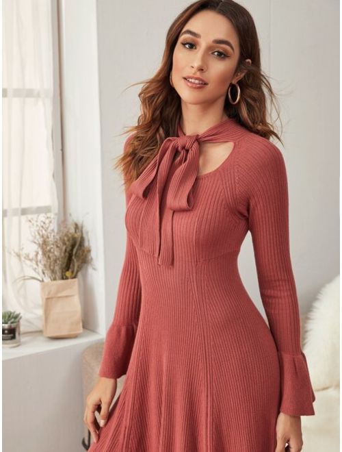 Shein Tie Neck Rib-knit Flounce Sleeve A-line Sweater Dress