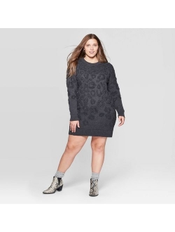 Women's Plus Size Leopard Print Long Sleeve Crewneck Sweater Dress - Universal Thread