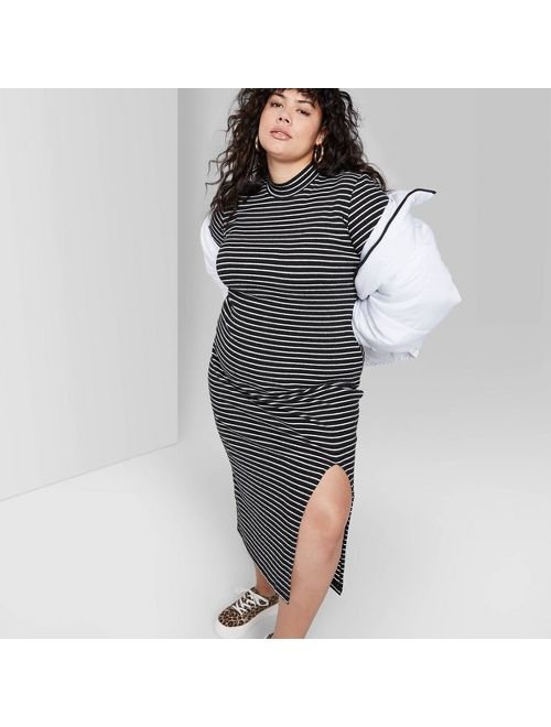 Women's Plus Size Striped Long Sleeve Mock Turtleneck Rib Knit Midi Dress - Wild Fable Black/White