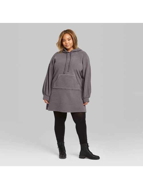 Women's Plus Size Long Sleeve Collared Hooded Sherpa Sweater Mini Dress - Wild Fable