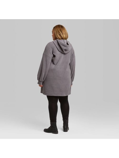 Women's Plus Size Long Sleeve Collared Hooded Sherpa Sweater Mini Dress - Wild Fable