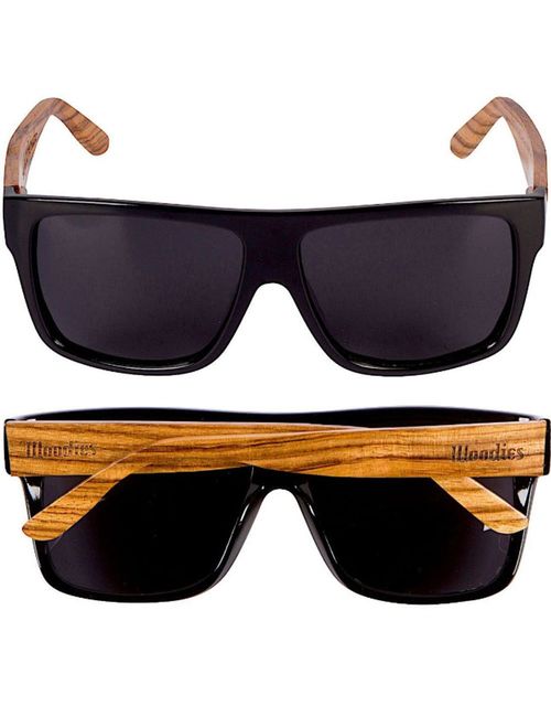 Woodies Zebra Wood Aviator Wrap Sunglasses with Black Polarized Lenses