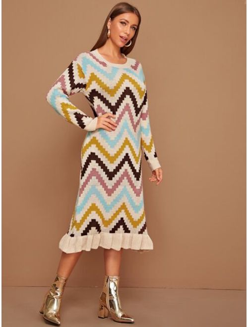 Shein Chevron Colorblock Ruffle Hem Sweater Dress