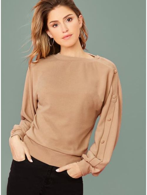 Shein Buttoned Sleeve Solid Pullover