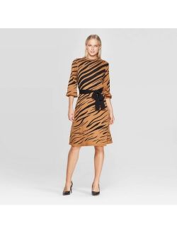 Women's Animal Print 3/4 Sleeve High Neck Intarsia Sweater Mini Dress - Who What Wear