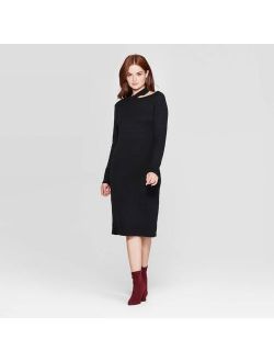 Women's Long Sleeve Crewneck Open Shoulder Sweater Midi Dress - Prologue Black
