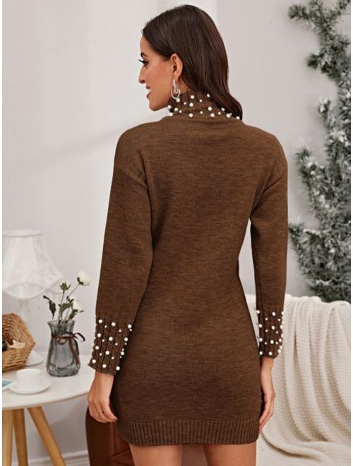 Shein High Neck Pearl Beaded Sweater Dress Without Belt