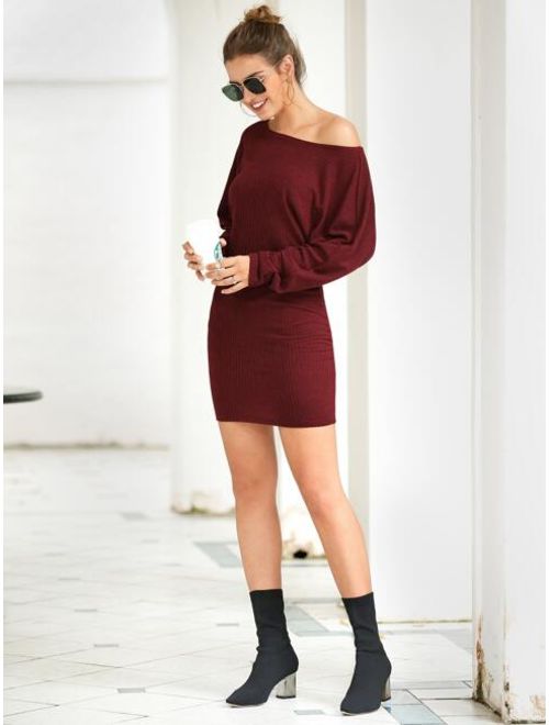 Shein Solid Oblique Shoulder Sweater Dress