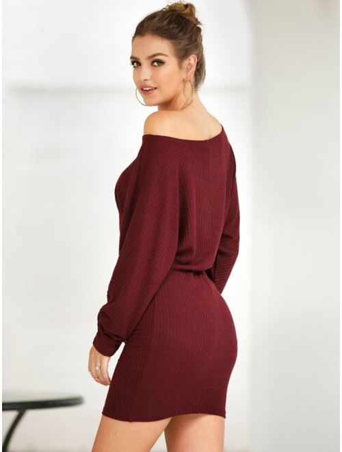 Shein Solid Oblique Shoulder Sweater Dress