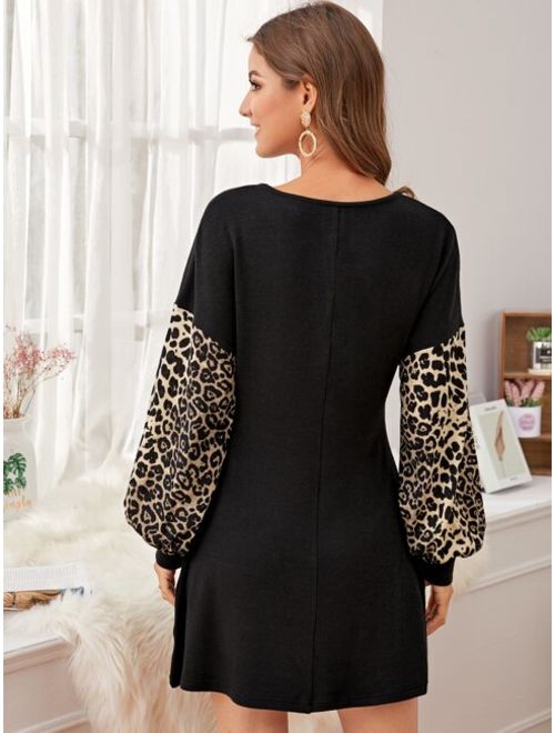 Shein Contrast Leopard Bishop Sleeve Sweater Dress