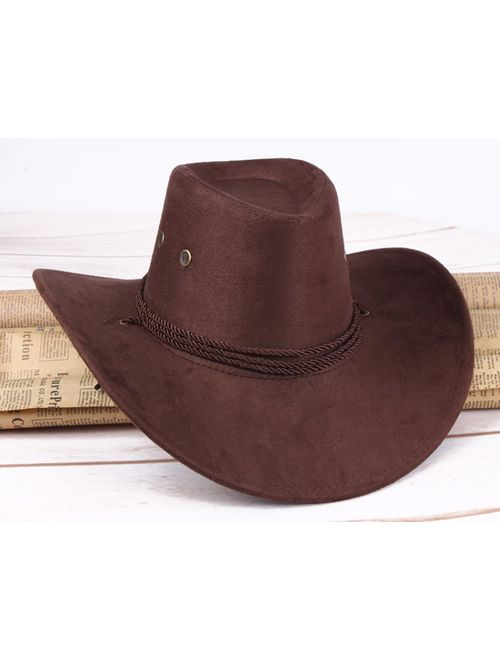 UwantC Mens Faux Felt Western Cowboy Hat Fedora Outdoor Wide Brim Hat with Strap