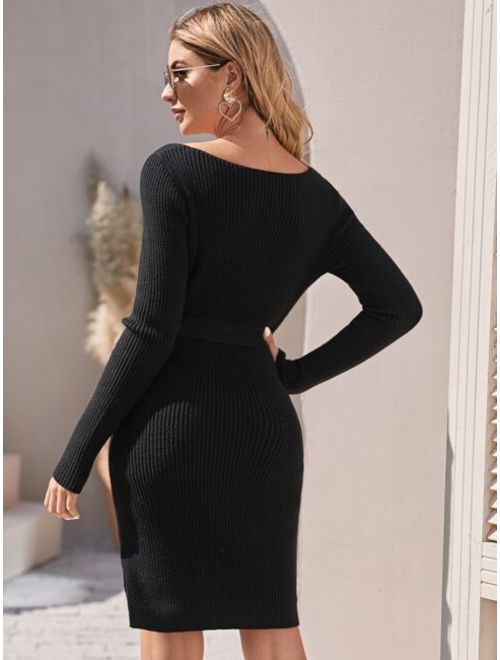 Shein Ribbed Knit Split Thigh Belted Sweater Dress