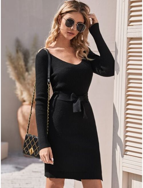 Shein Ribbed Knit Split Thigh Belted Sweater Dress