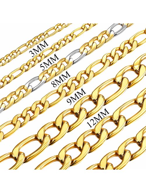 U7 Jewelry Figaro Chain Wear Alone or Match Pendant, with Custom Engrave Service,Width 3mm/5mm/8mm/9mm/12mm 18K Gold Plated or Stainless Steel Necklace, 16-32 Inch