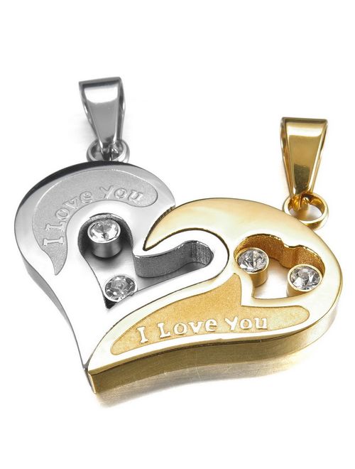 INBLUE Men,Women's 2 PCS Stainless Steel Pendant Necklace CZ Heart Love Couple -with 20 and 23 Inch Chain