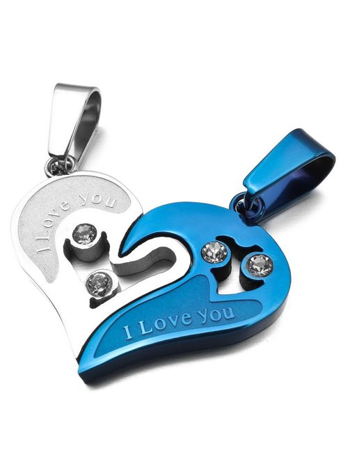 INBLUE Men,Women's 2 PCS Stainless Steel Pendant Necklace CZ Heart Love Couple -with 20 and 23 Inch Chain