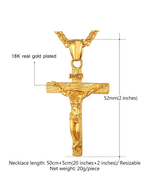 U7 Men Crucifix Cross Pendant with Chain Baptism Christian Jewelry Stainless Steel/18K Gold/Rose Gold Jesus Necklace, Free Engraving & Send Gift Box