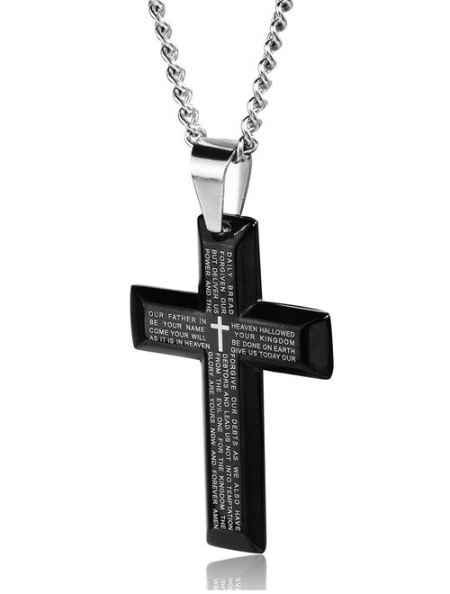 Jstyle Jewelry Men's Stainless Steel Simple Black Cross Pendant Lord's Prayer Necklace 22 24 30 Inch